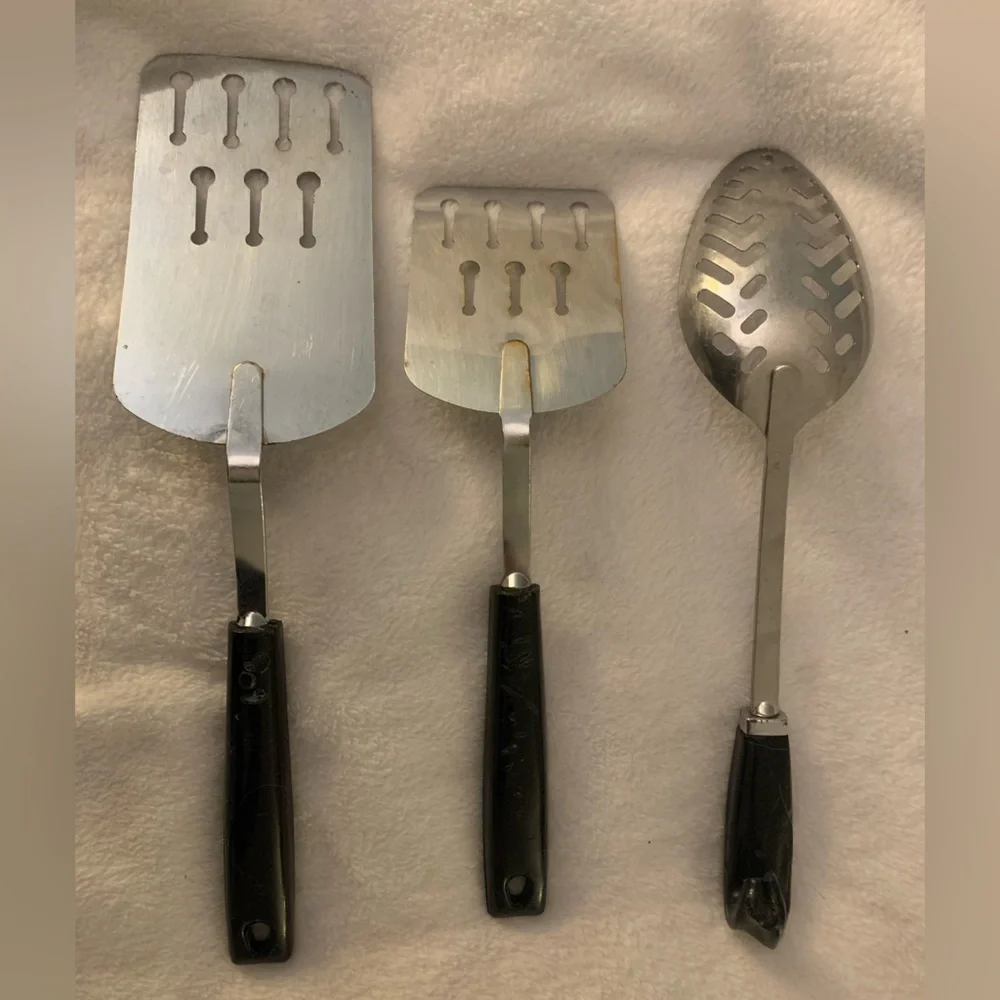 Vtg Ecko Lot of 3 Spatula Turner Keyhole Slot Utensils Black Handle Made in USA